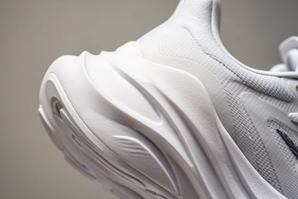Gros plan sur une semelle intermédiaire en mousse sculptée haute avec des lignes de compression visibles