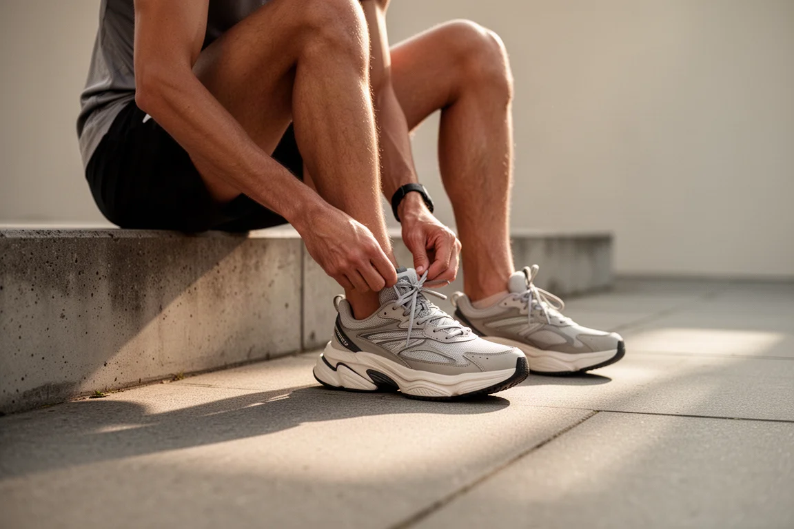 Un coureur attache les lacets d'une chaussure d'entraînement volumineuse avant une sortie facile