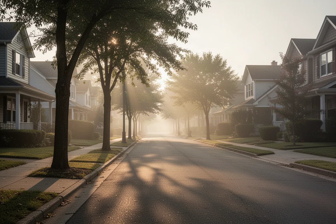 Rue résidentielle calme au lever du soleil, idéale pour des kilomètres de récupération tranquilles