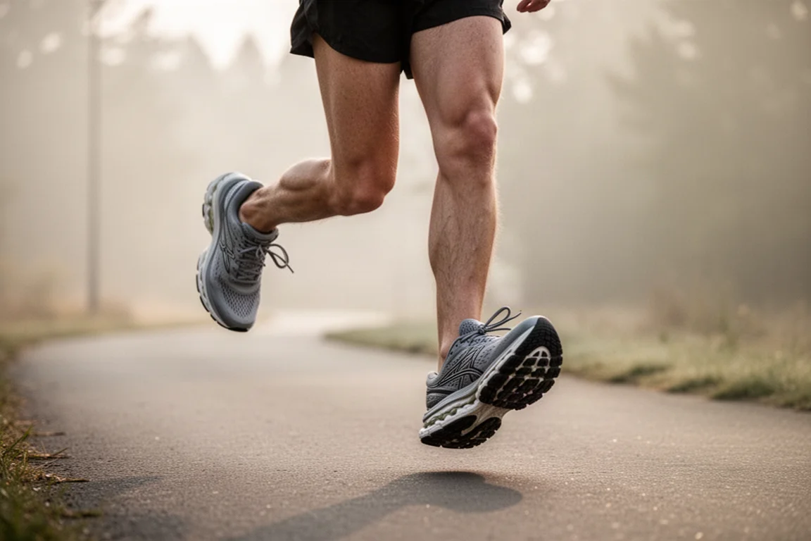 Löpare som joggar i avslappnad takt på en lugn förortsväg