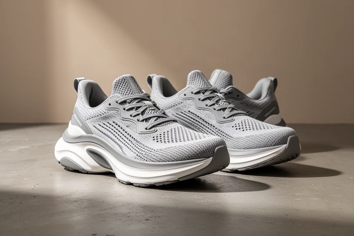 Pair of chunky max-cushion running shoes on a concrete surface