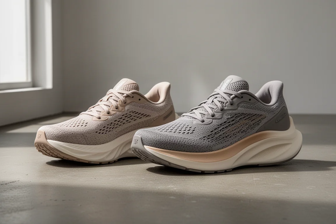 Two cushioned New Balance running shoes side by side on a concrete studio floor