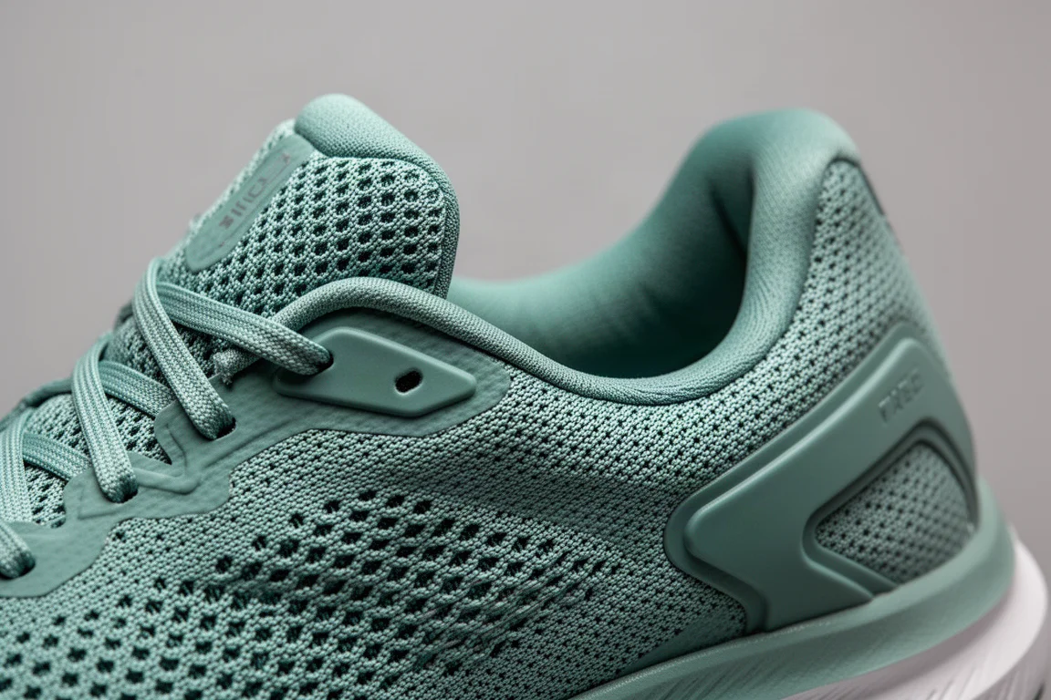 Gros plan sur la tige vert sarcelle d'une chaussure de running, montrant la texture du mesh technique et le collier rembourré