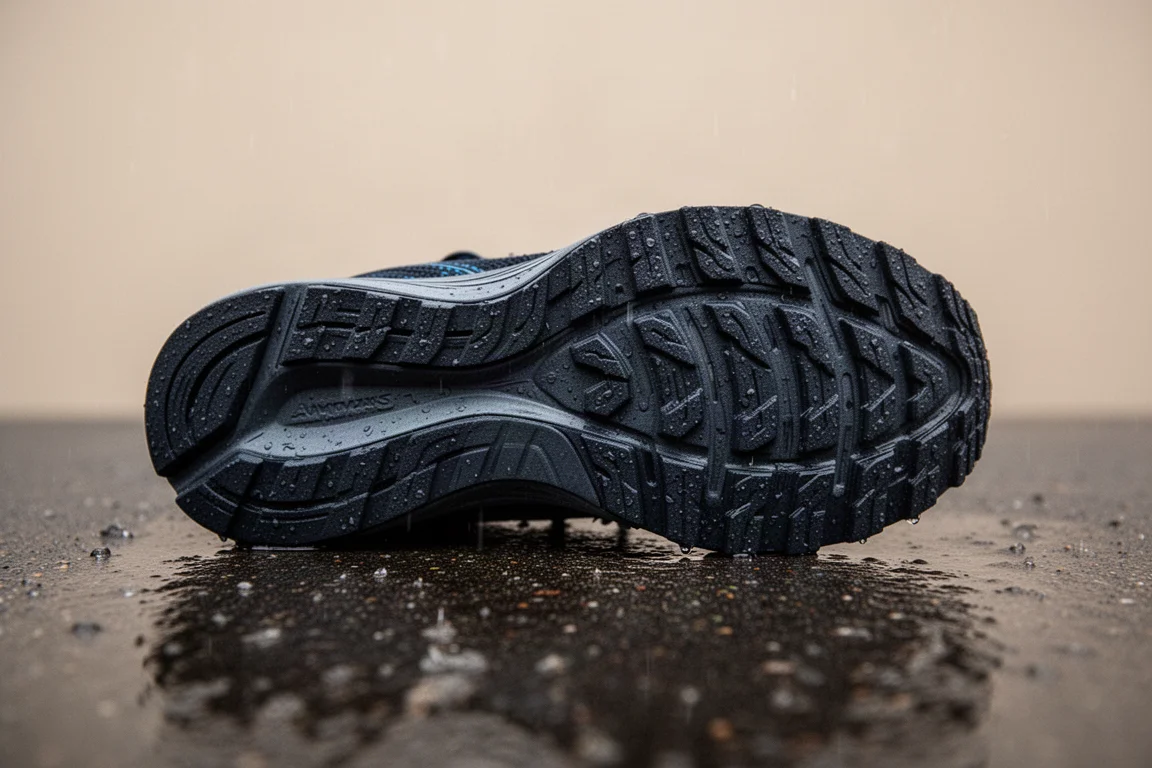 Épaisse semelle en caoutchouc d'une chaussure de running avec crampons profonds, posée sur une chaussée mouillée