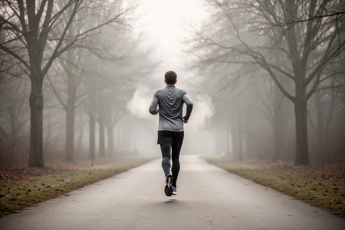 Coureur effectuant aisément ses kilomètres sur un chemin pavé calme, sous une douce lumière matinale voilée