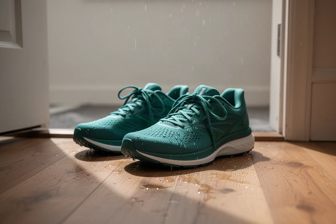 Paire de chaussures de running séchant près d'une porte après une sortie hivernale sous la pluie