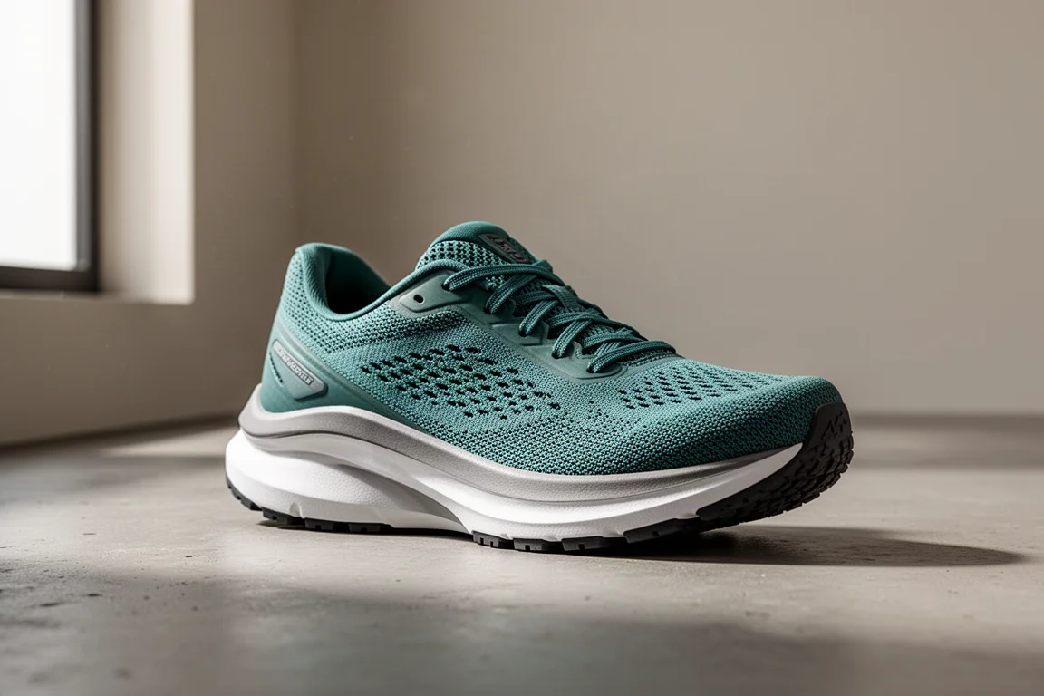 Teal green stability running shoe with thick foam midsole on concrete surface