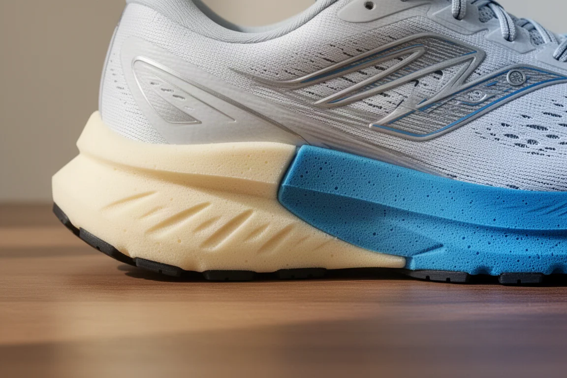 Gros plan sur la semelle intermédiaire d'une chaussure de running montrant une construction bi-densité