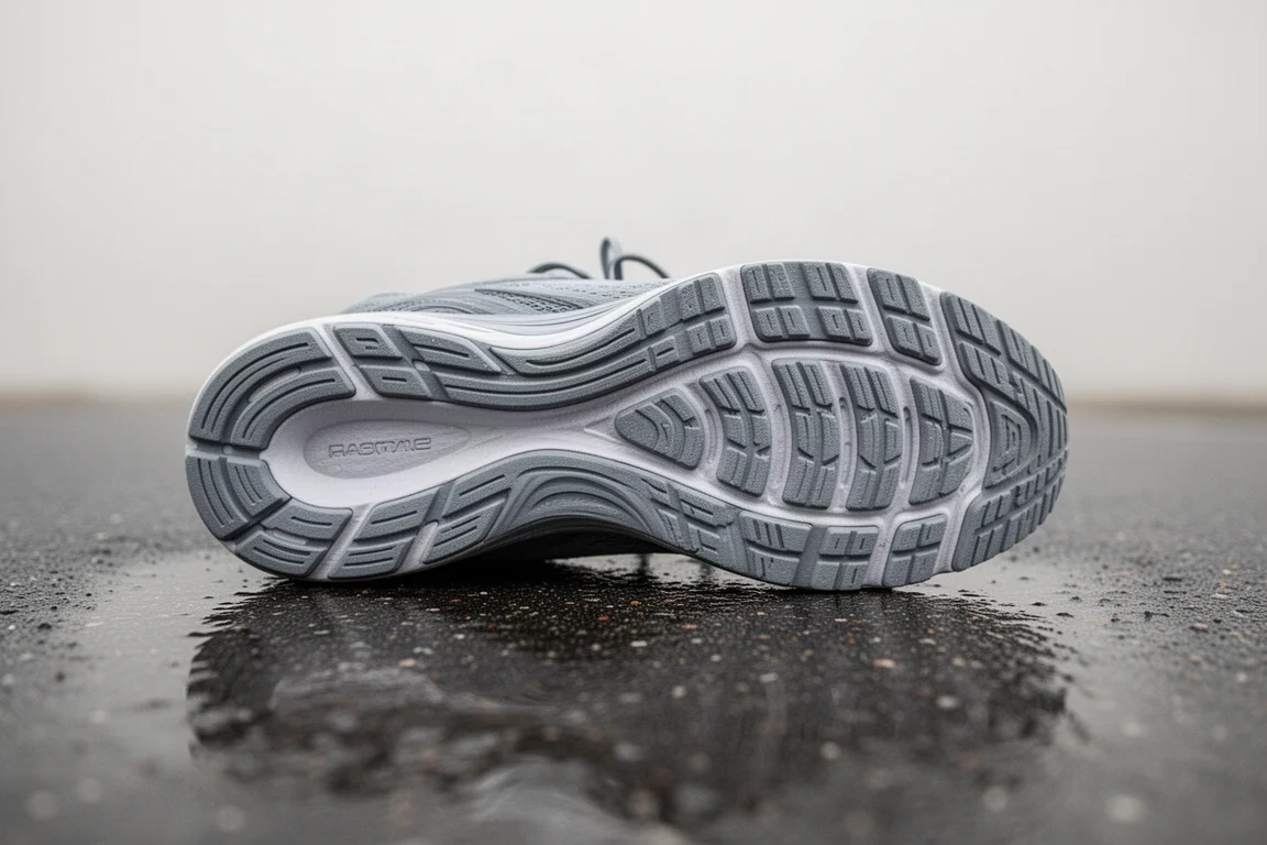 Semelle extérieure d'une chaussure de running adhérant sur une chaussée mouillée