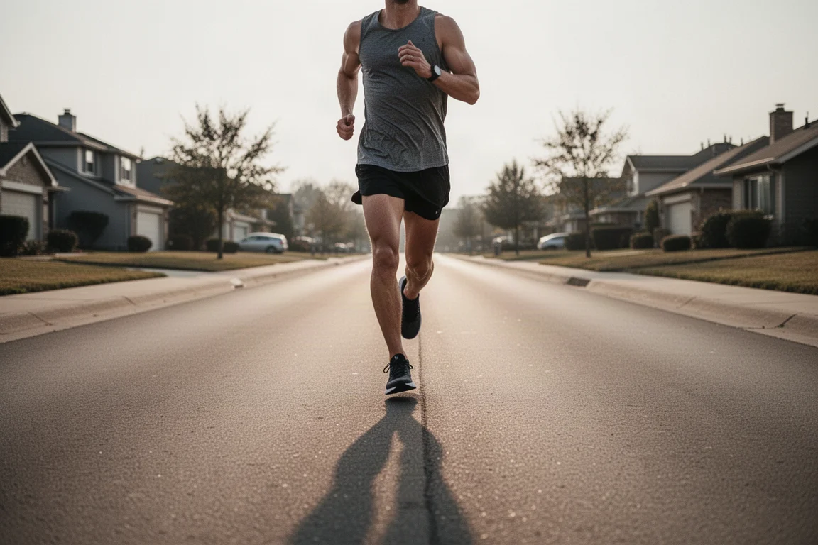 Coureur lors d'une longue sortie régulière sur route dans des rues résidentielles calmes