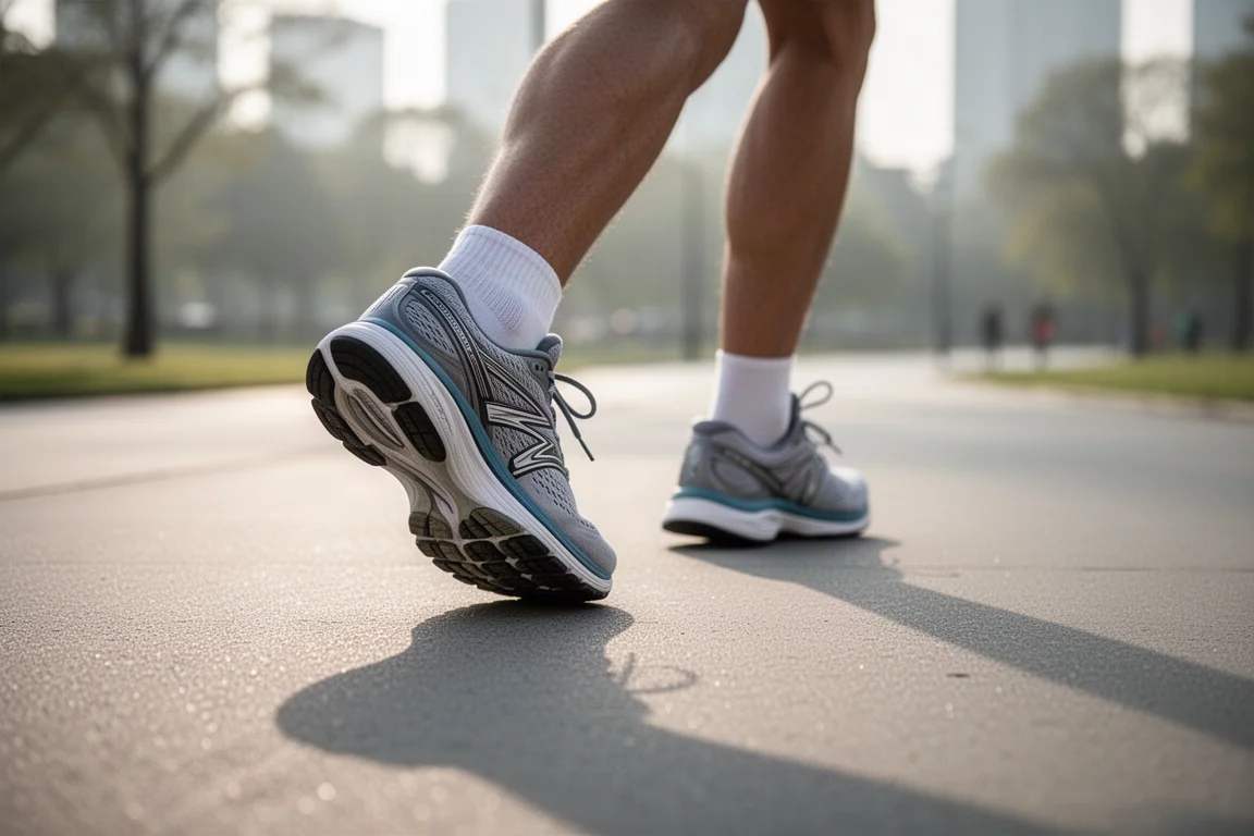 Un coureur l'ace ses lacets sur une chaussure d'entraînement stable avant une sortie facile du matin