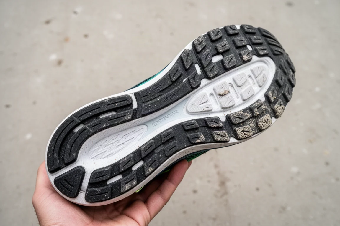 Gomme de la semelle extérieure montrant une usure légère après 50 km de course