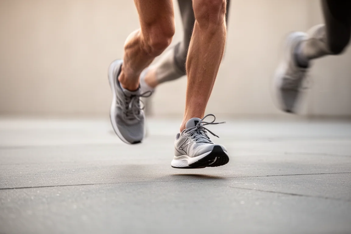 Pieds d'un coureur en pleine foulée sur un bitume lisse, sous une lumière douce du matin