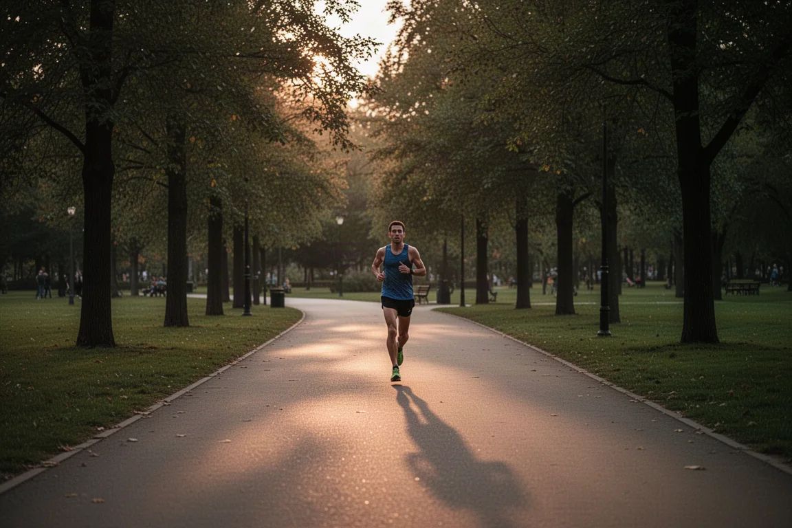 Coureur marchant le long d'une allée pavée d'un parc au crépuscule
