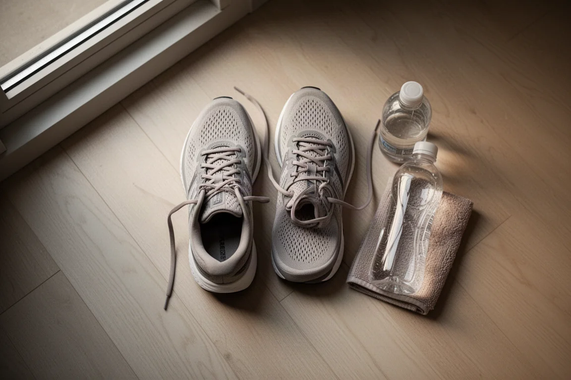 Vue plongeante sur des chaussures de running et le laçage sur un plancher en bois