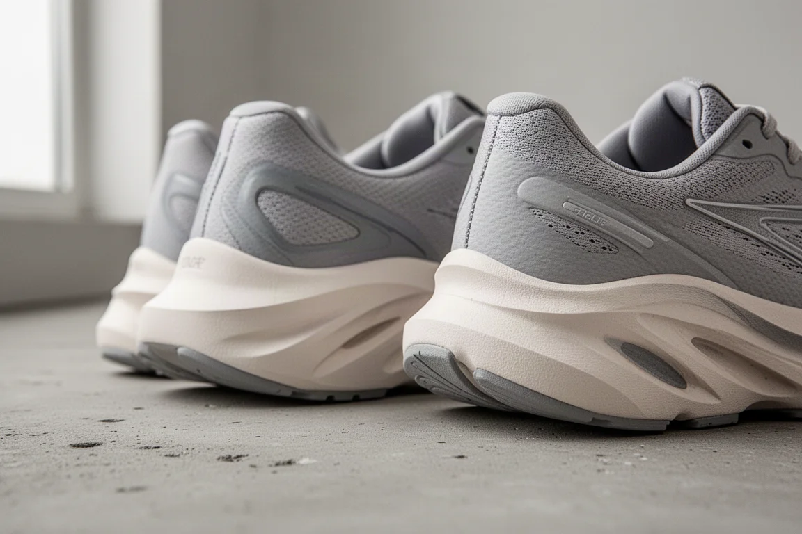 Primo piano di due intersuole di scarpe da running con spesso ammortizzazione in schiuma
