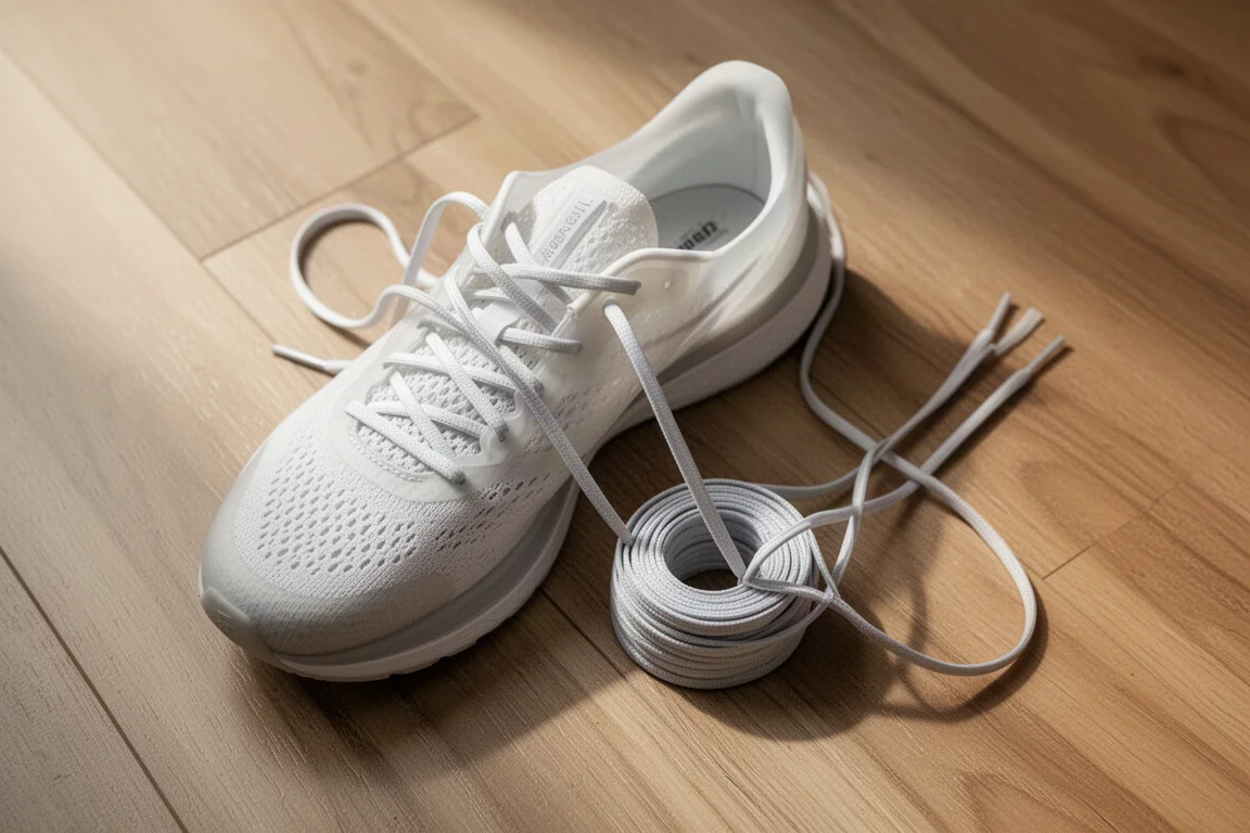 Piedi di un corridore che allacciano una scarpa da running leggera e traspirante su un pavimento in legno