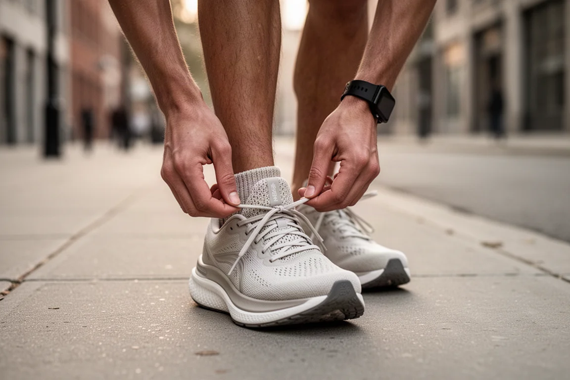 Runner tying the laces of a cushioned running shoe outdoors in soft morning light