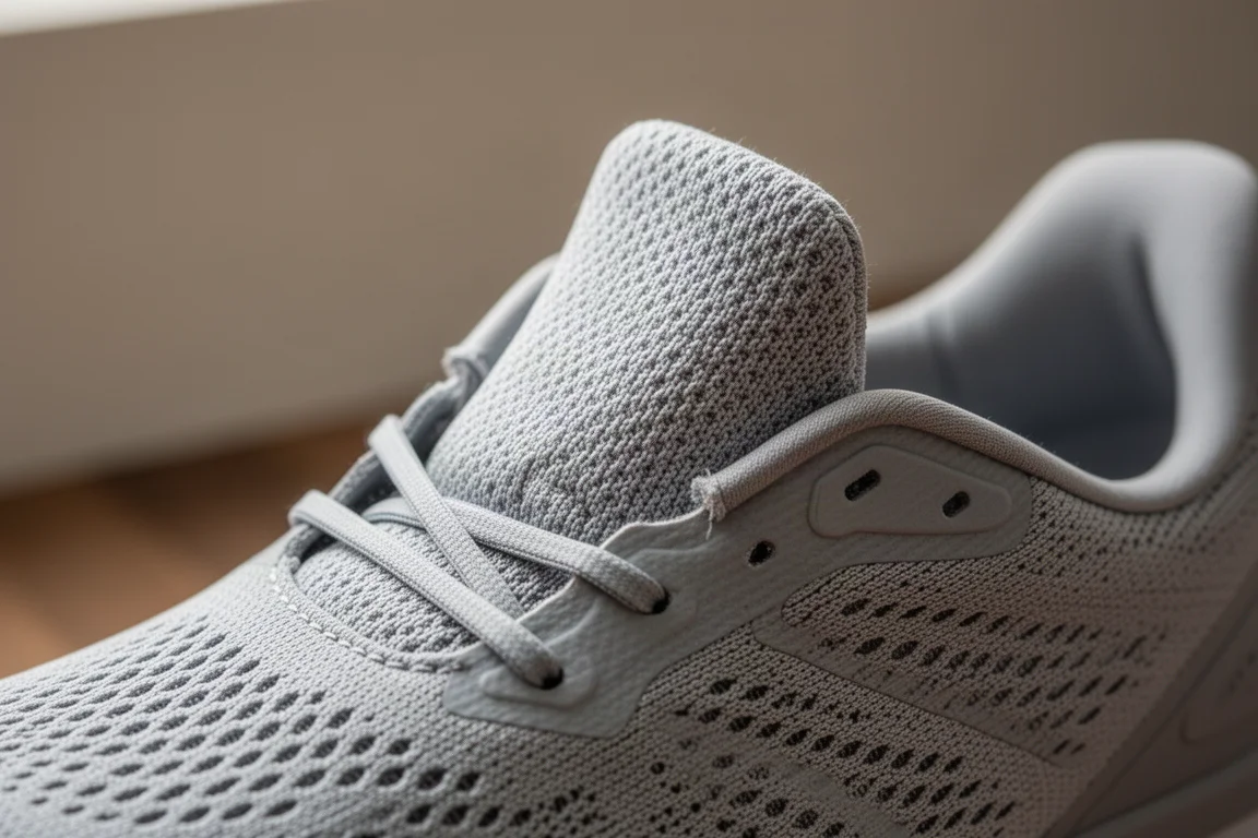 Detail shot of a soft knit tongue and breathable mesh upper on a running shoe