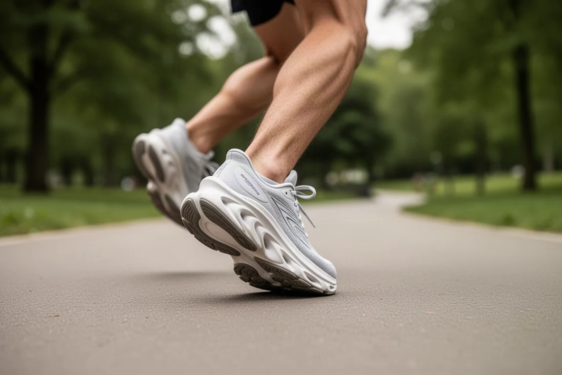 Runner walking on a paved path in a maximal cushion running shoe