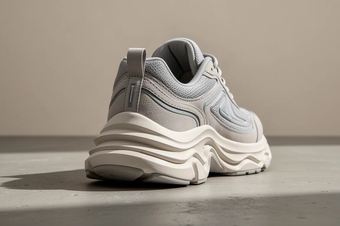 Close-up of a wide, stable running shoe midsole and heel platform on concrete