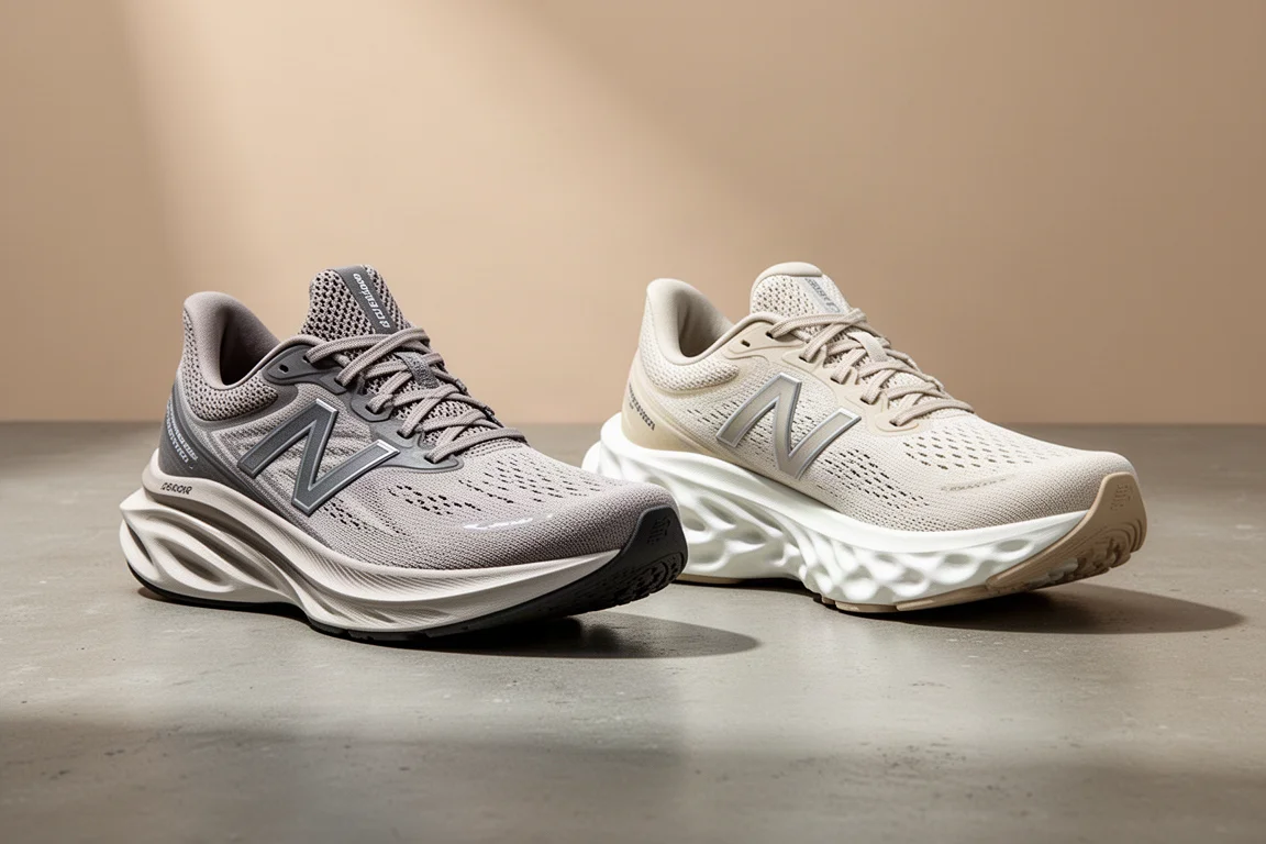 Two New Balance running shoes side by side on a concrete surface