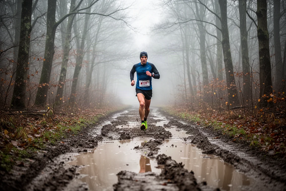 Trail runner standing at the edge of a muddy woodland path on an overcast day