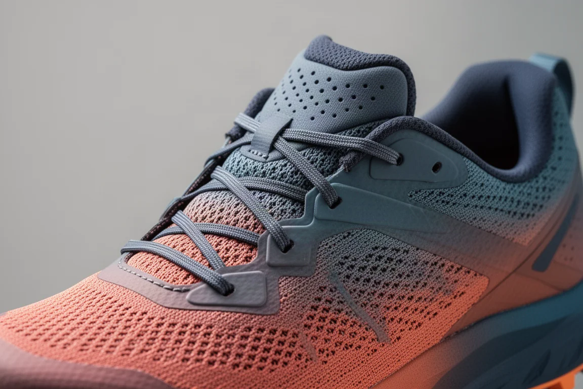 Close-up of a trail shoe upper showing mesh texture and protective overlays