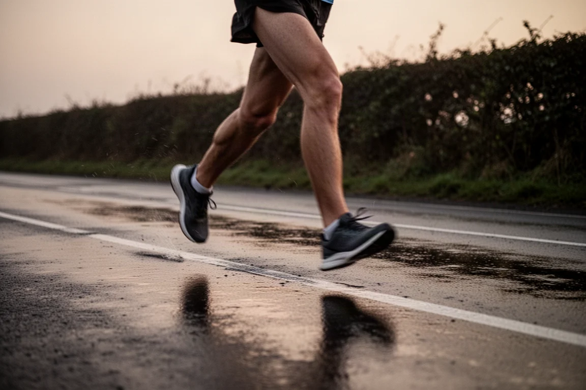 Runner moving along wet tarmac at dusk, legs in soft focus