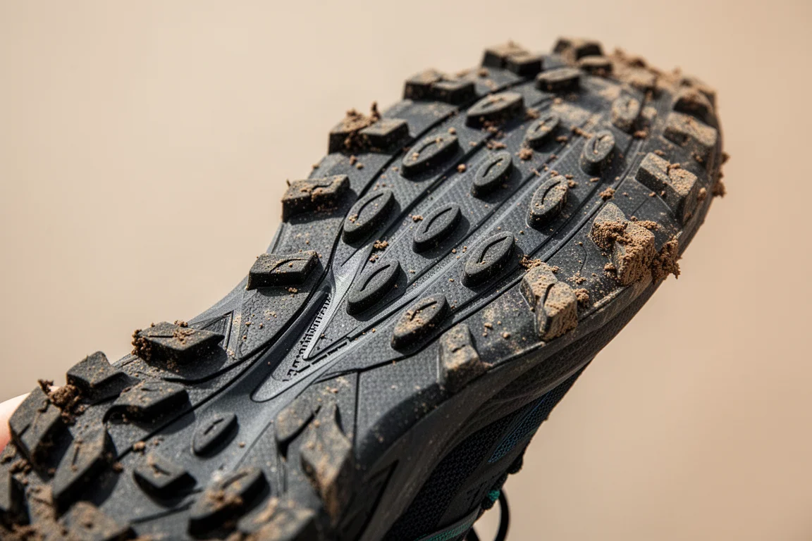 Close-up of a trail shoe outsole showing oval lugs and recycled rubber