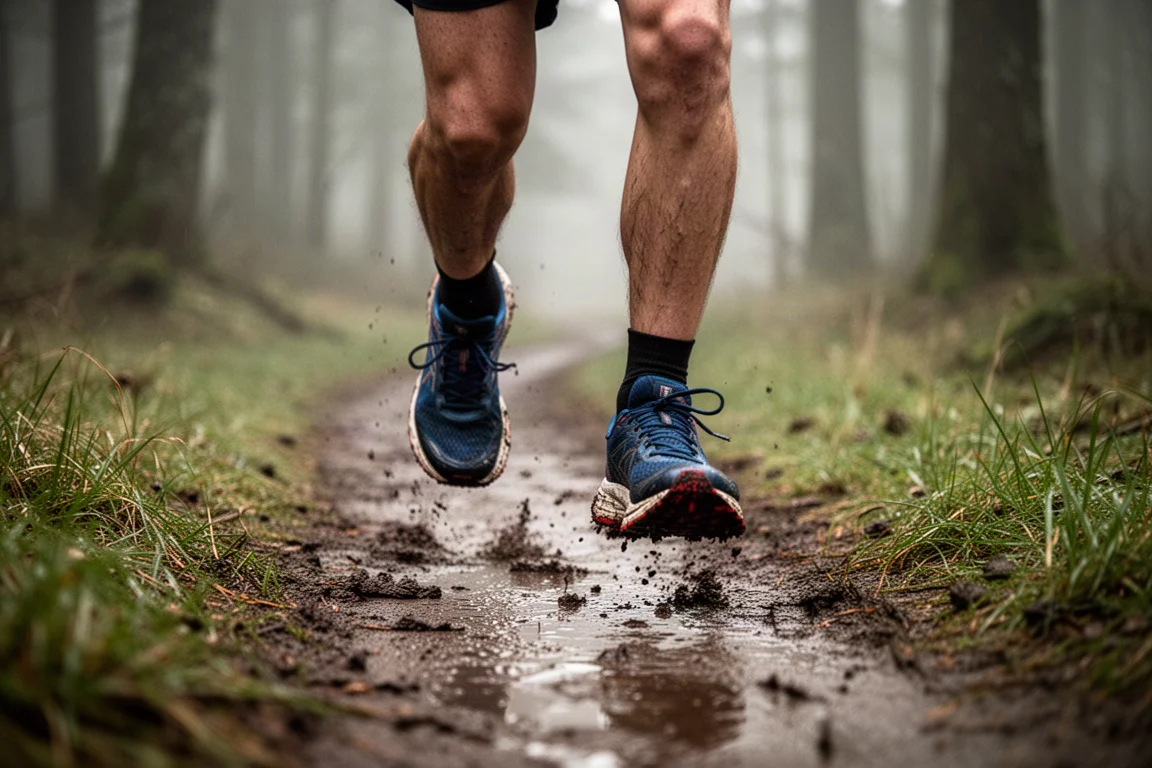Trail runner's feet on a muddy forest path with wet grass