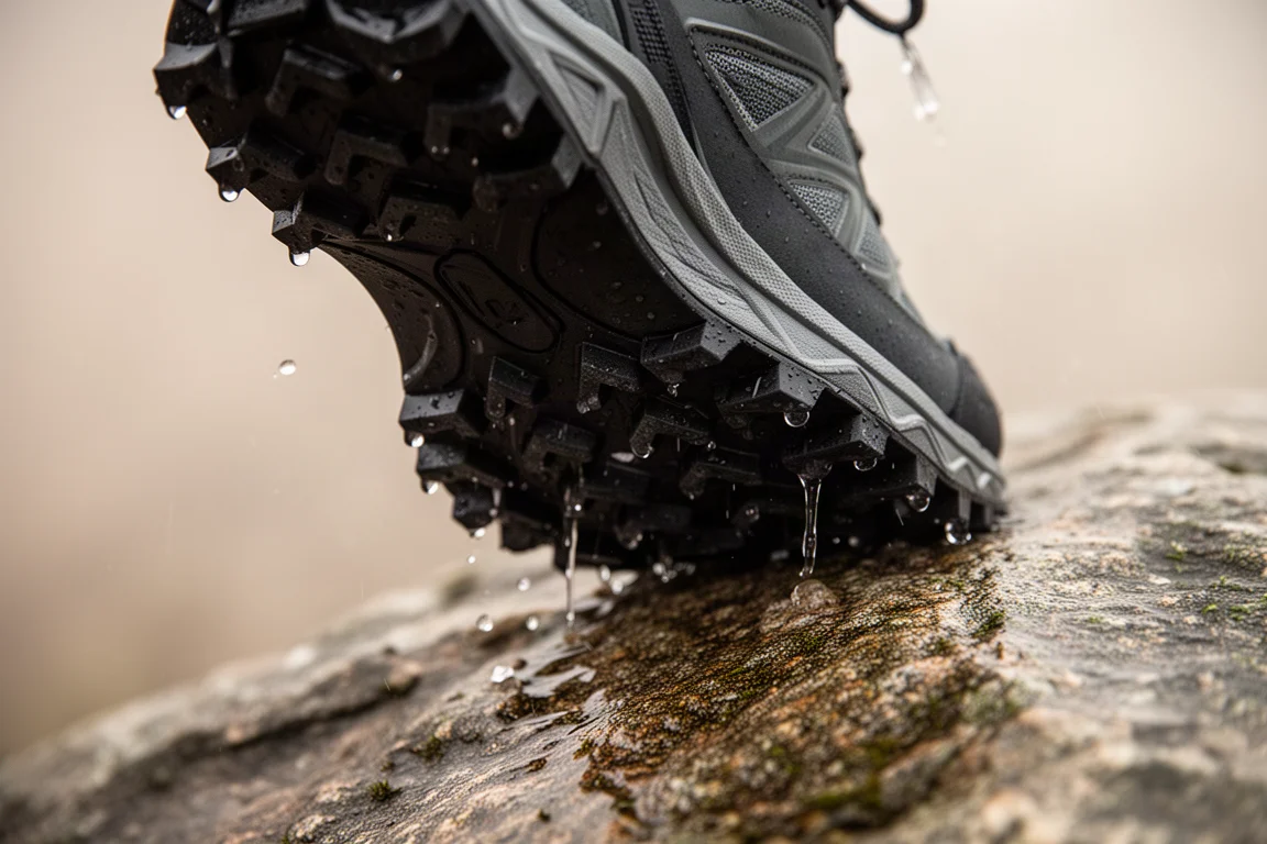 Close-up of deep rubber outsole lugs gripping a wet rock