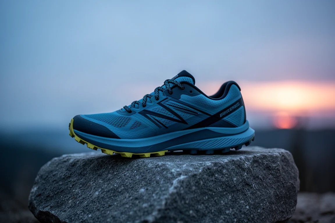 Lightweight trail shoe resting on a flat rock at dusk