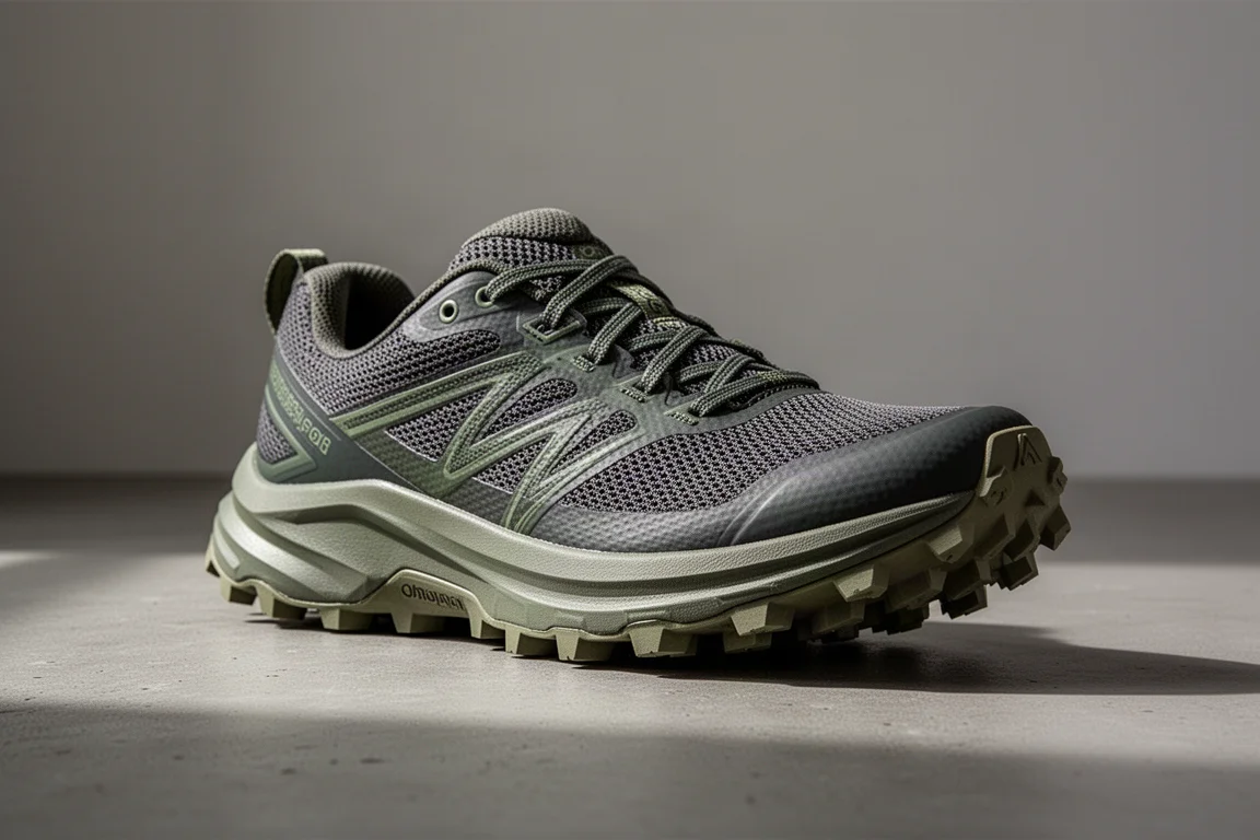 Trail running shoe with lugged outsole on a concrete surface