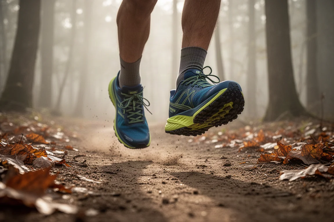 Trail runner's feet on a compacted woodland path in soft morning light