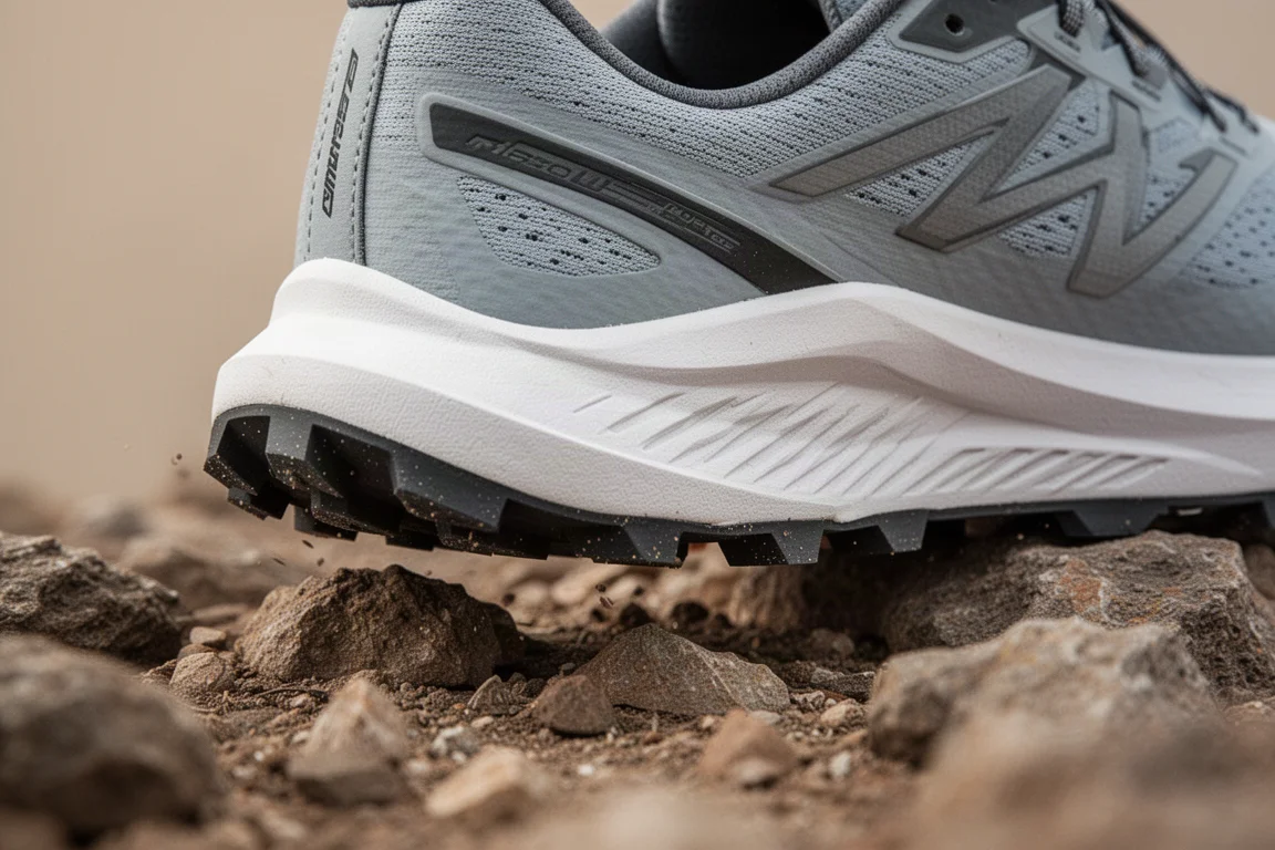 Close-up of a cushioned midsole flexing on a rocky trail