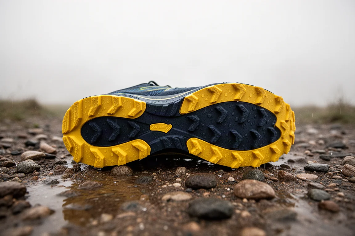 Yellow-lugged outsole gripping a wet gravel trail surface