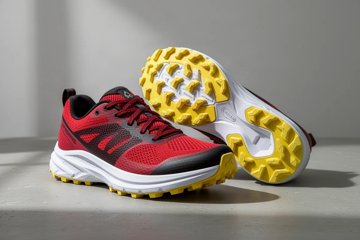 Scarpe da trail running rosse e nere con intersuola bianca e suola gialla su cemento