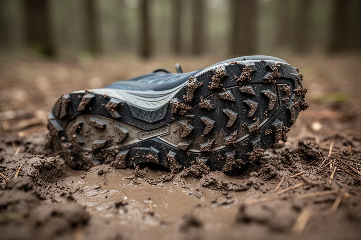 Gros plan sur la semelle extérieure d'une chaussure de trail dont les crampons agrippent un sentier boueux