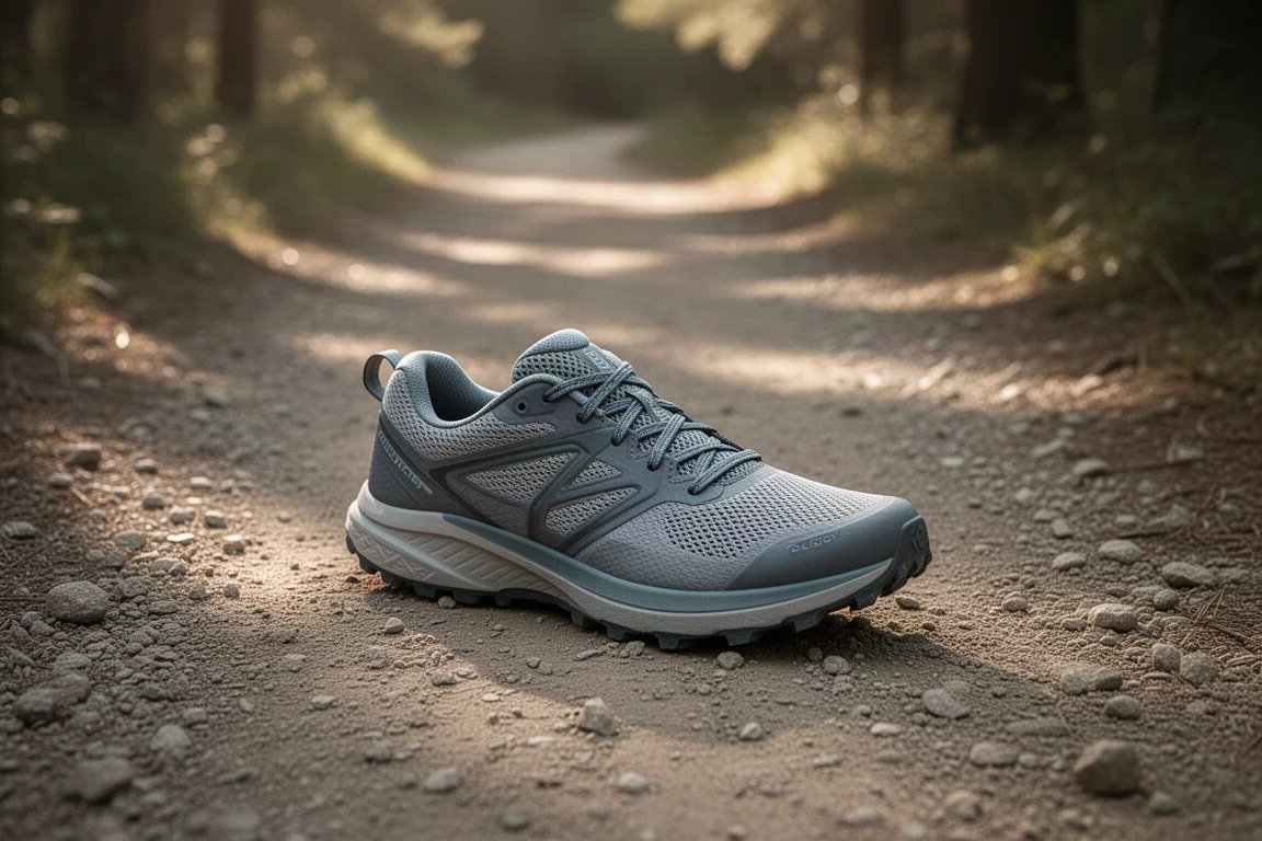 Chaussure de trail amortissante posée sur un chemin de gravier compacté