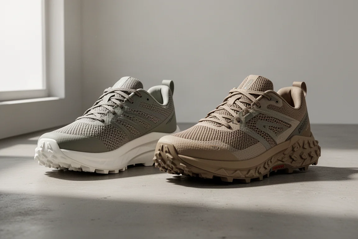 Due scarpe da trail running New Balance Hierro affiancate che mostrano diverse altezze della midsole