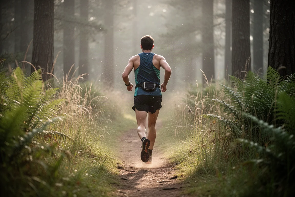 Trail runner moving along a soft forest path in morning light