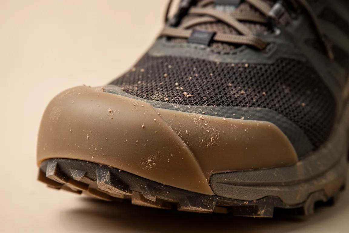 Close-up of a protective rubber toe cap on a trail shoe
