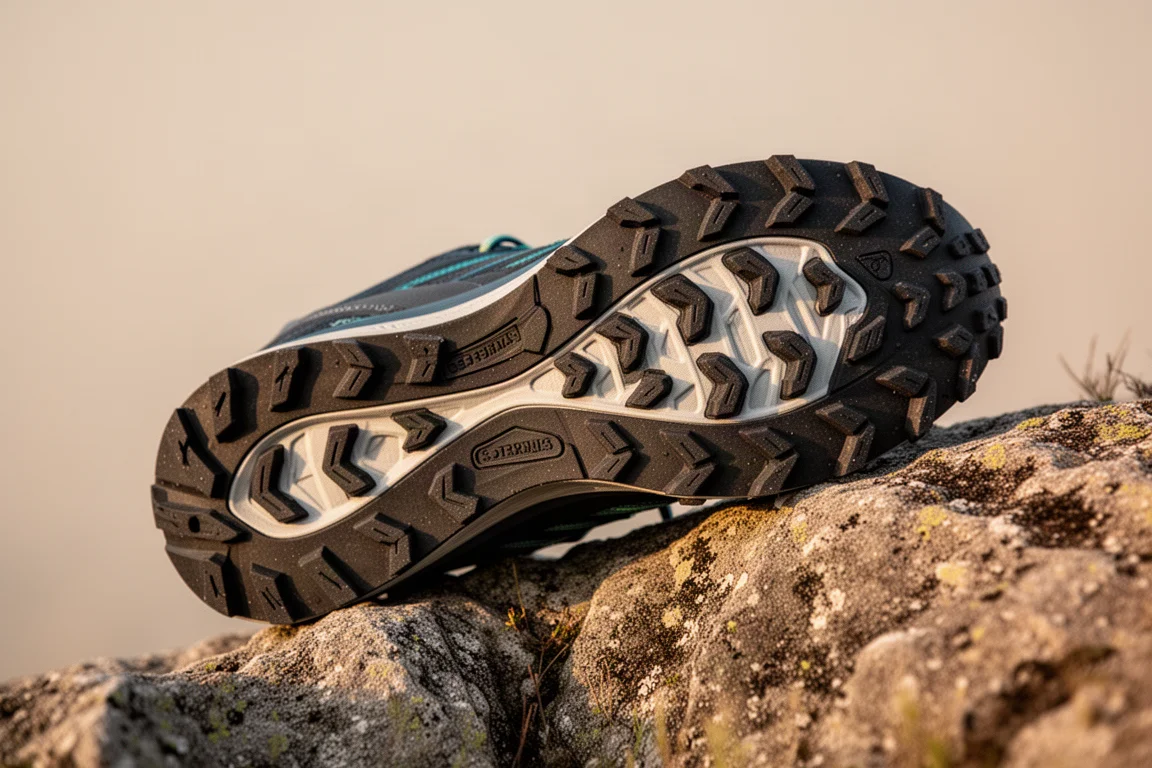 Deep lugged outsole of a trail shoe resting on rocky ground