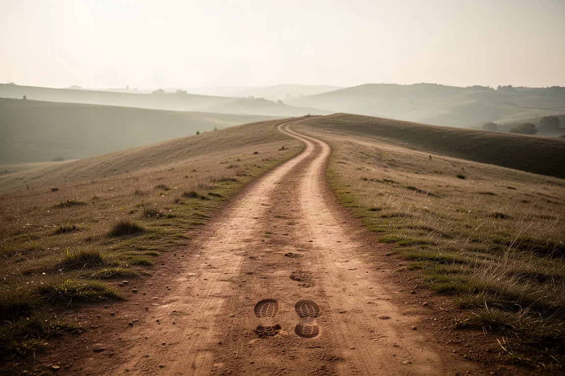 Long winding trail stretching into open hills under soft light