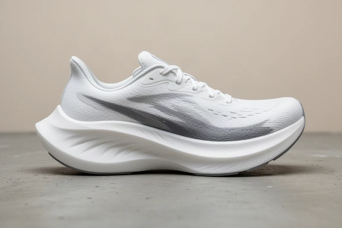 Gros plan sur une semelle intermédiaire épaisse et moelleuse d'une chaussure de running posée sur l'asphalte