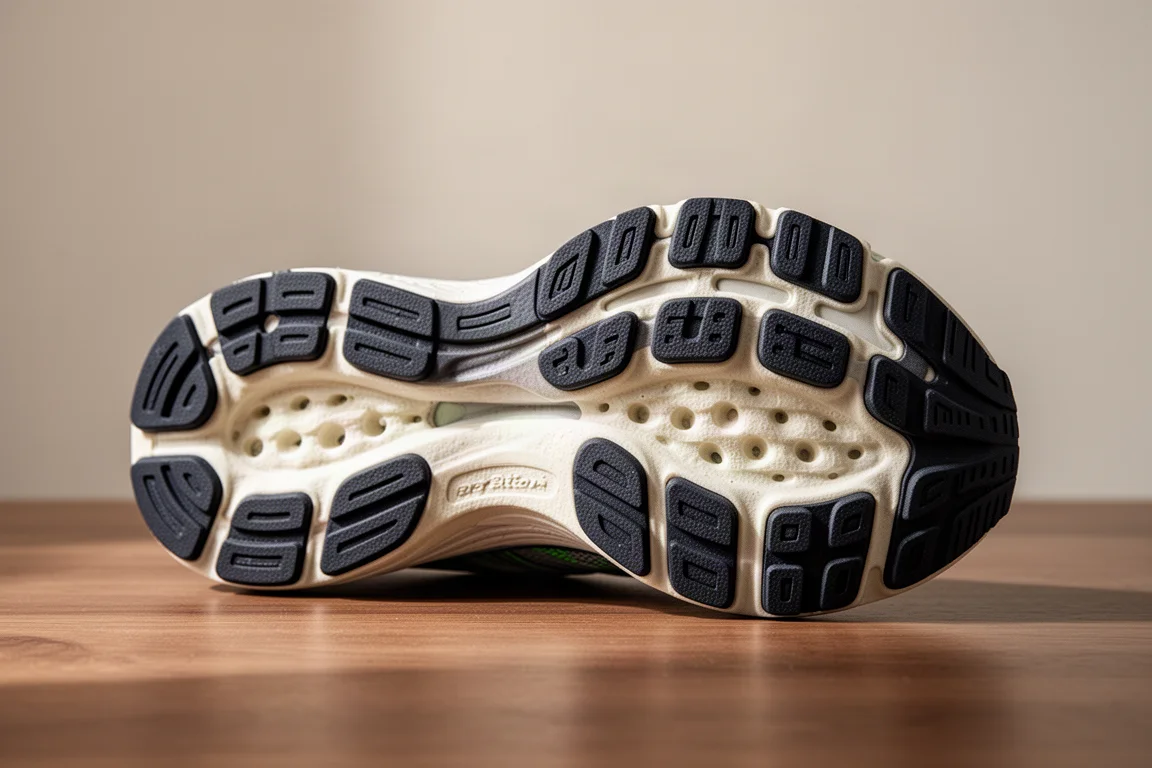 Rainures de flexion multidirectionnelles visibles sur la semelle extérieure d'une chaussure de running