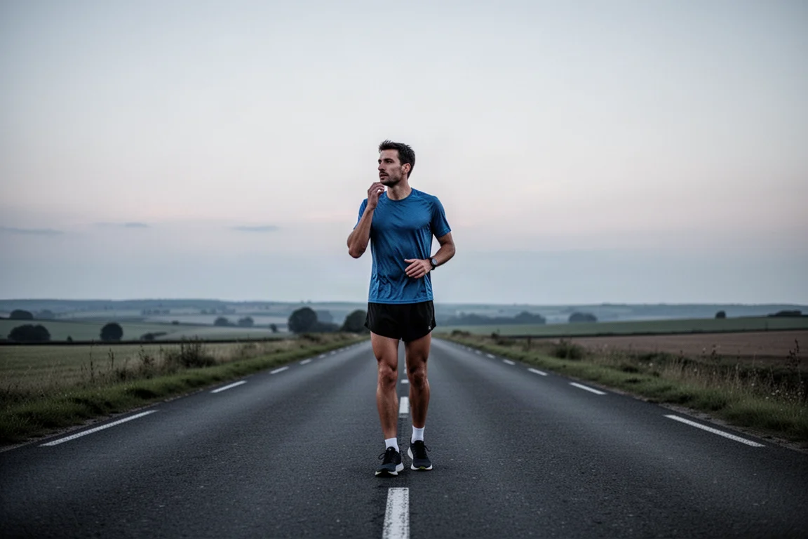Coureur sur une route de campagne côtière sous une lumière changeante