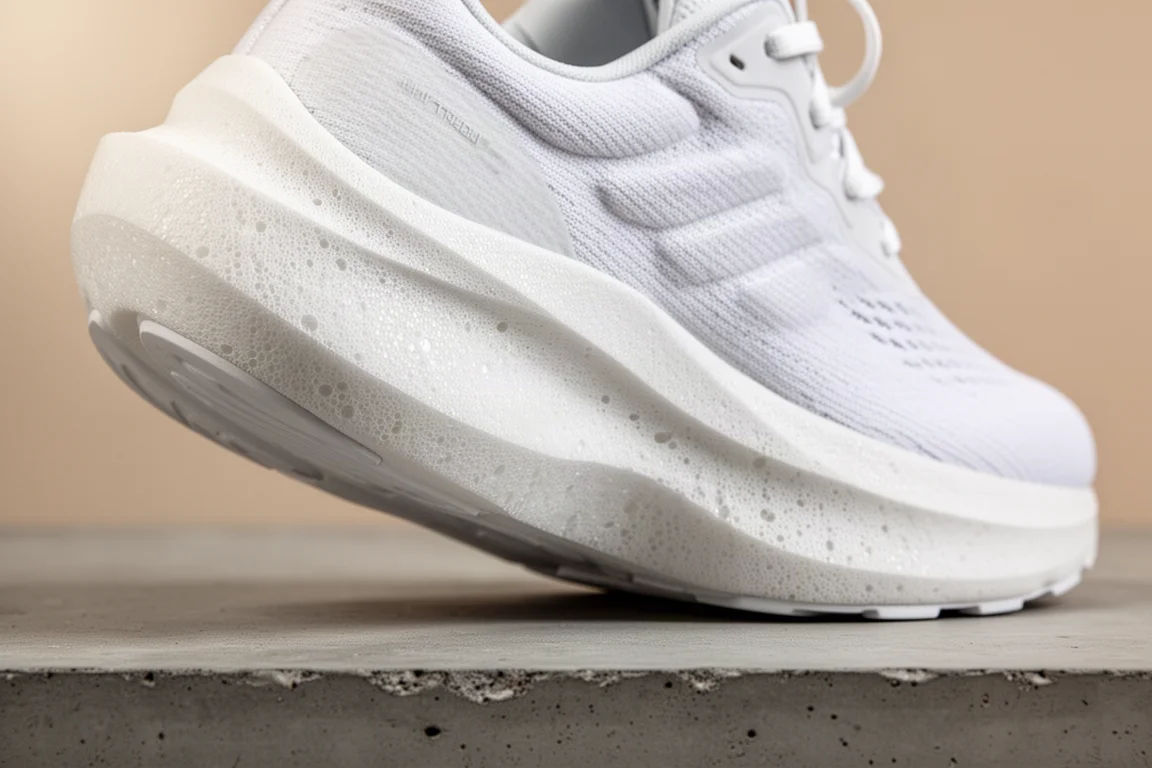 Close-up of a thick Fresh Foam X midsole on a road running shoe