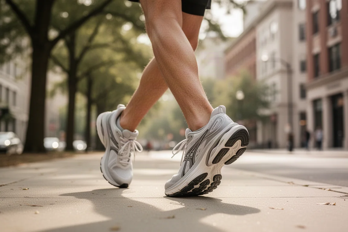 Runner walking a city sidewalk in tall cushioned running shoes